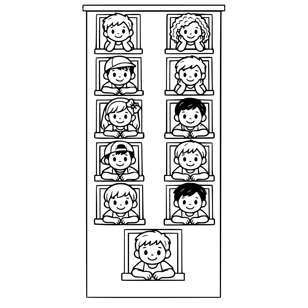 Dokuz katlı bir bina olsun her katın penceresinden bakan bir çocuk olsun çocuklardan iki tanesi kız yedi tanesi erkek çocuk olsun kız çocuklarından birinin saçı kıvırcık olsun