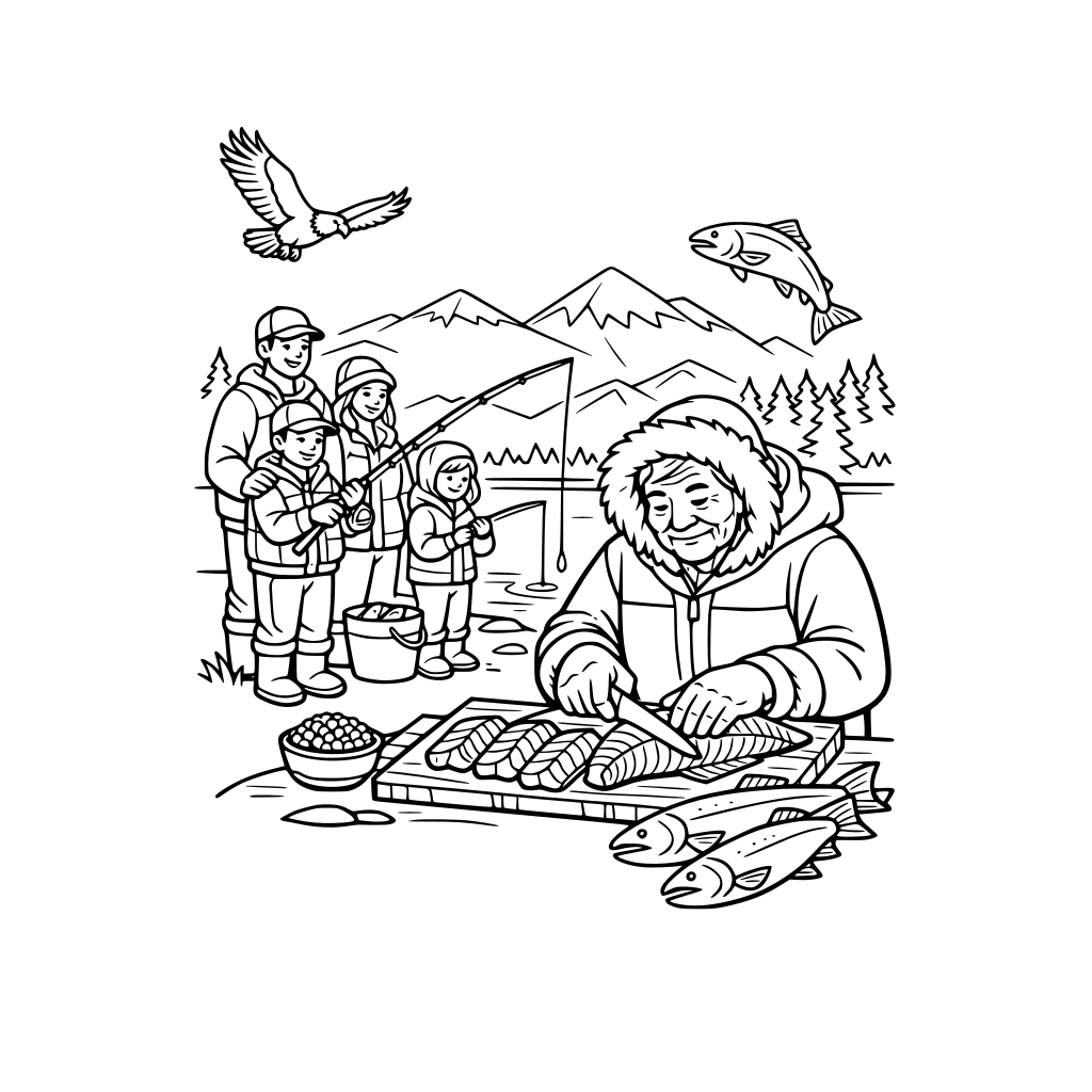 an alaskan scene with a family fishing and an elder cutting salmon