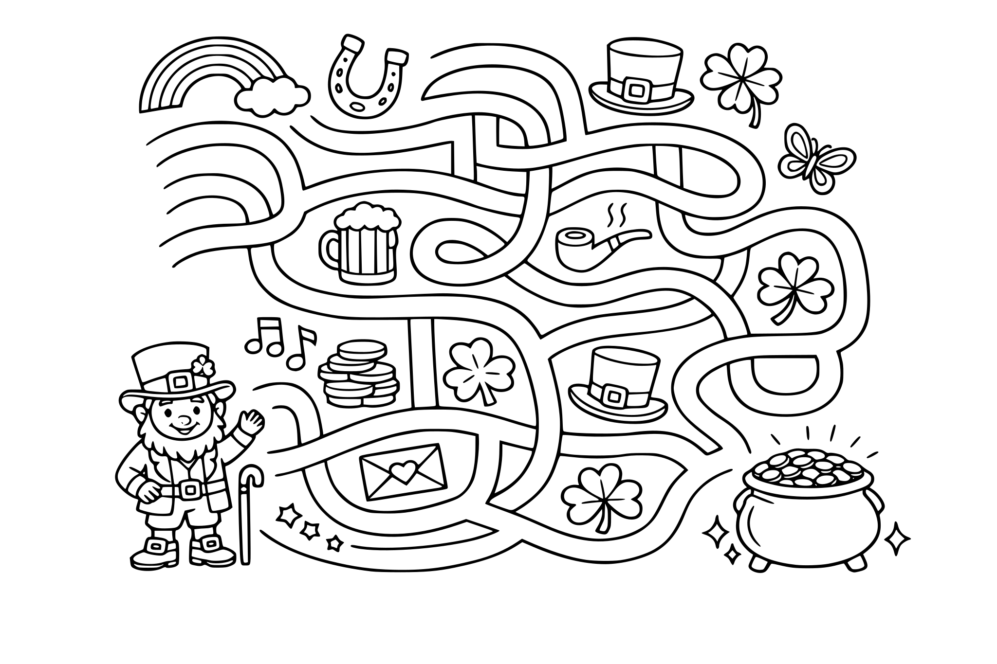 create a maze with a leprachaun on the start of the maze and the end is a pot of gold. open coloring items with support visuals along the maze.