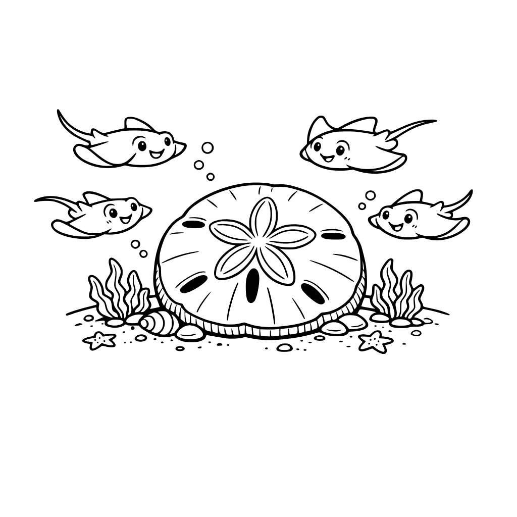 “Create a clean, black-and-white illustration for children. There is one large sand dollar resting on the ocean floor, surrounded by a small group of cartoon stingrays gliding nearby. Designed clearly for a printable coloring and activity page.”
