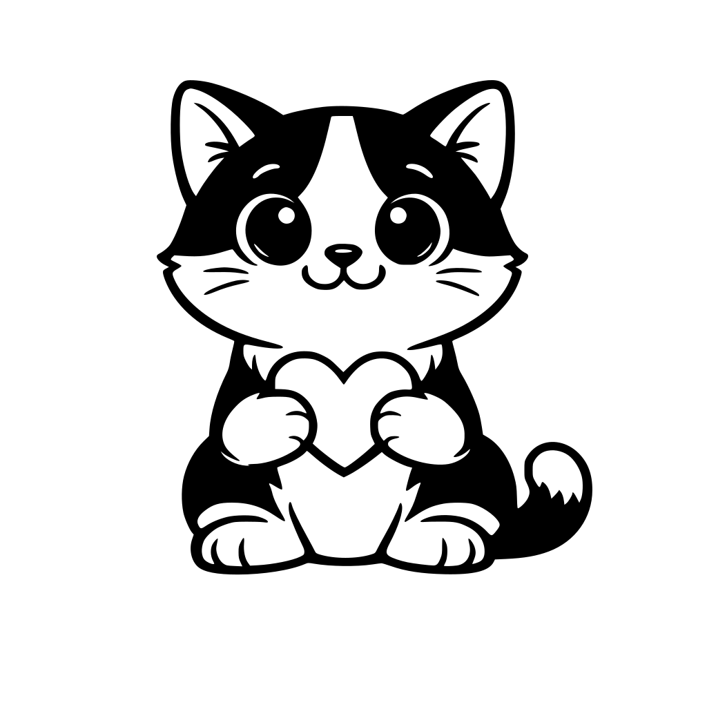 A very cute cat with Big eyes and smiling, sitting with a heart onnthe chest. Black and ehite