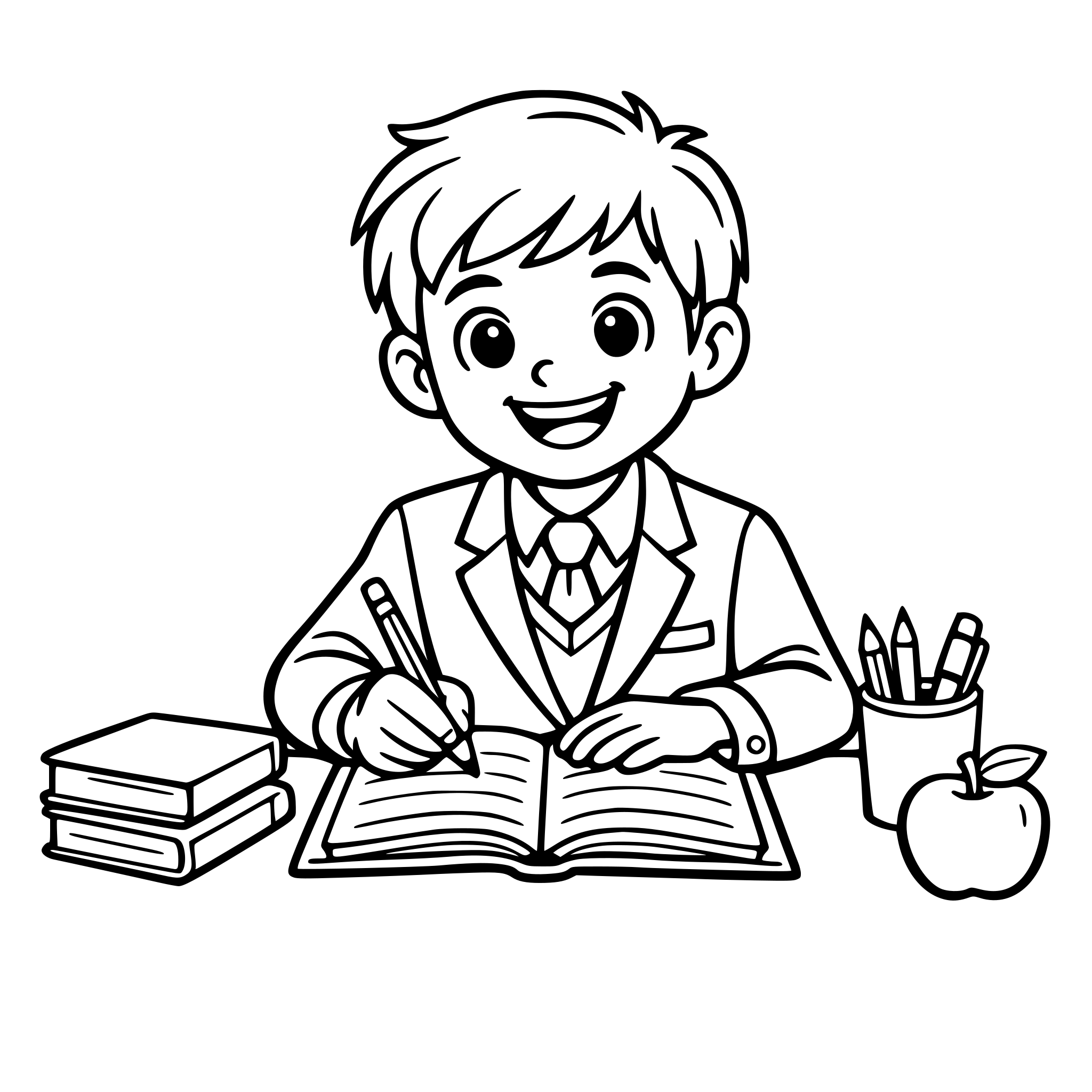 un elev băiat cu uniformă care scrie în caiet vesel