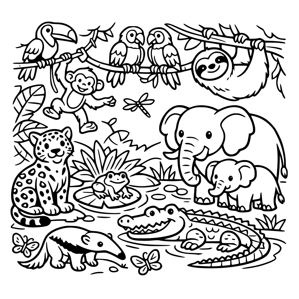 Uma floresta tropical repleta de animais