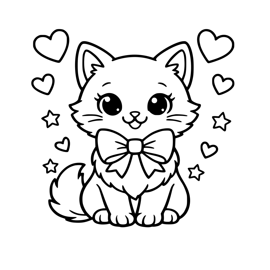 Cat, wearing a pink bow, hearts