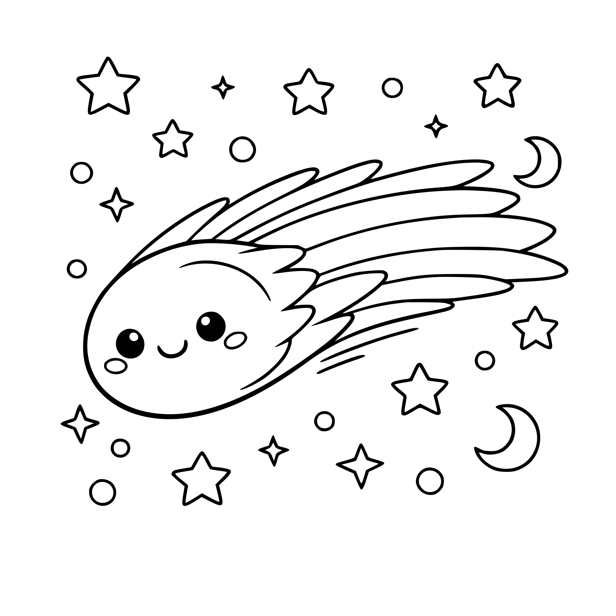 Cute smiling comet flying across space with trail, surrounded by stars with background of outerspace