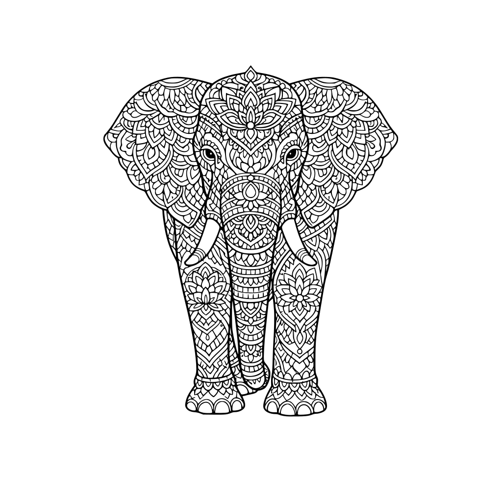 realistic elephant, full body front view, made up of elegant mandala patterns, floral and geometric motifs