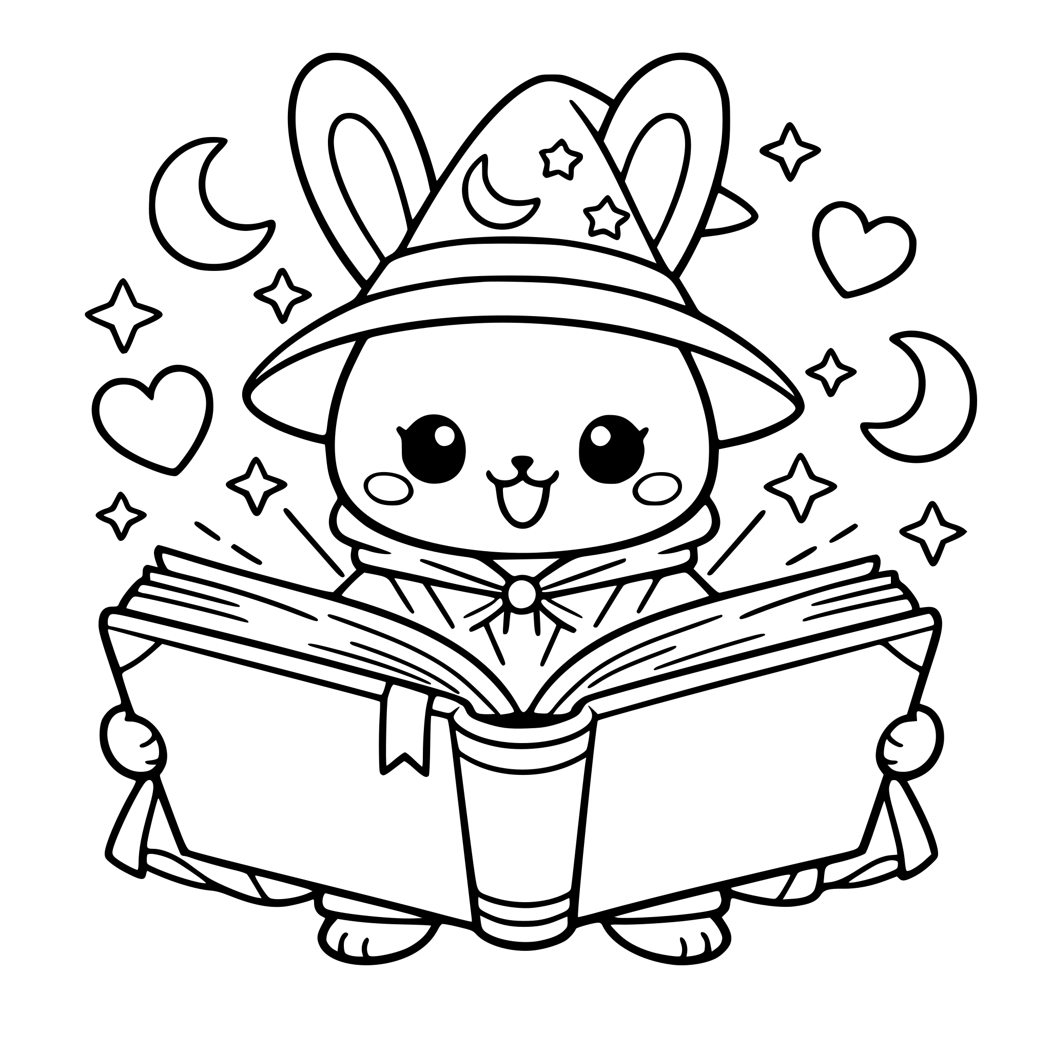 KAWAII AND CARTOON ART STYLE OF Bunny WEARING MAGICIAN ROBE reading a giant glowing spellbook — book open wide, floating hearts and moons around.