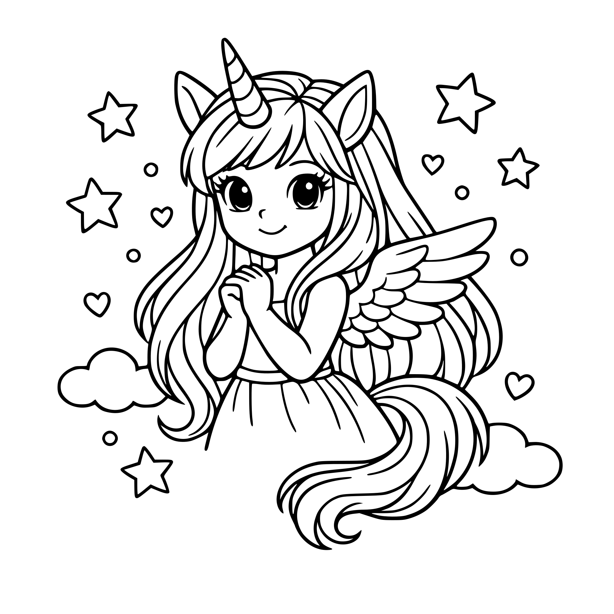 Mädchen ist ein Einhorn mit langen Haaren