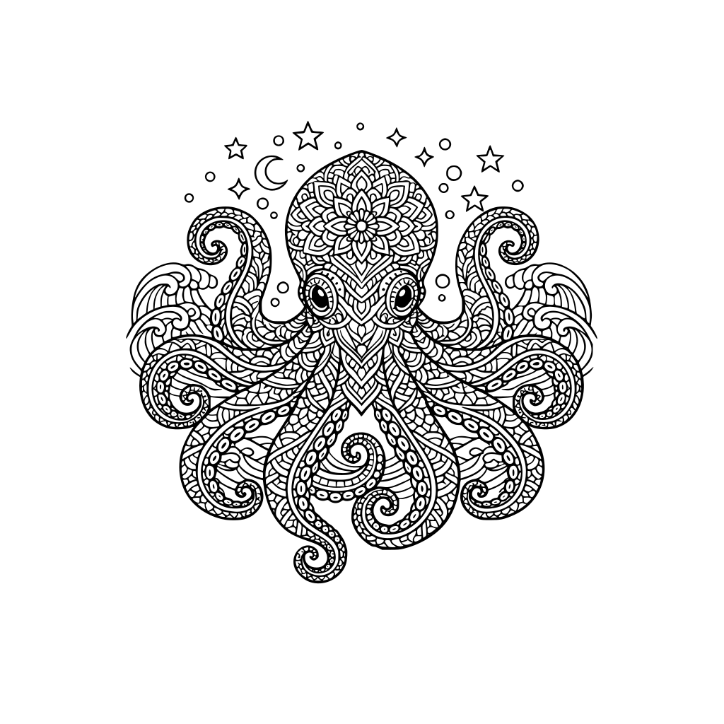 mandala octopus, elegant patterns and lines, wave motifs