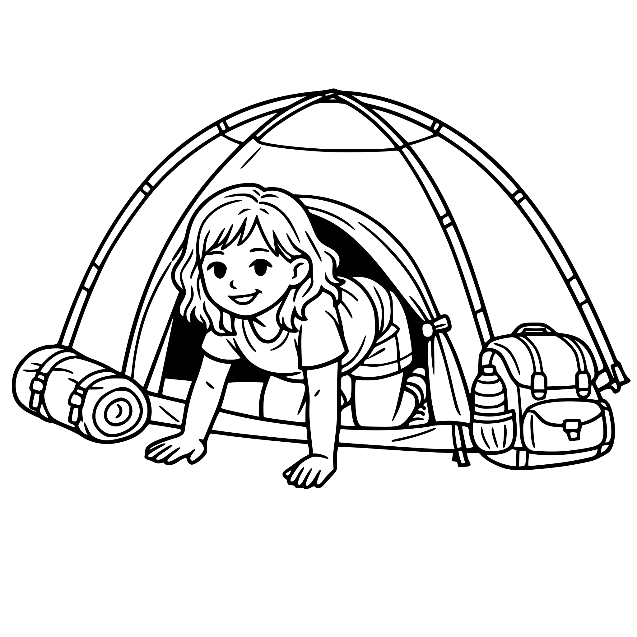 Create an image of a real life older girl with smaller natural eyes with blonde wavy hair, crawling into her camping tent in the backyard. White background, isolated.