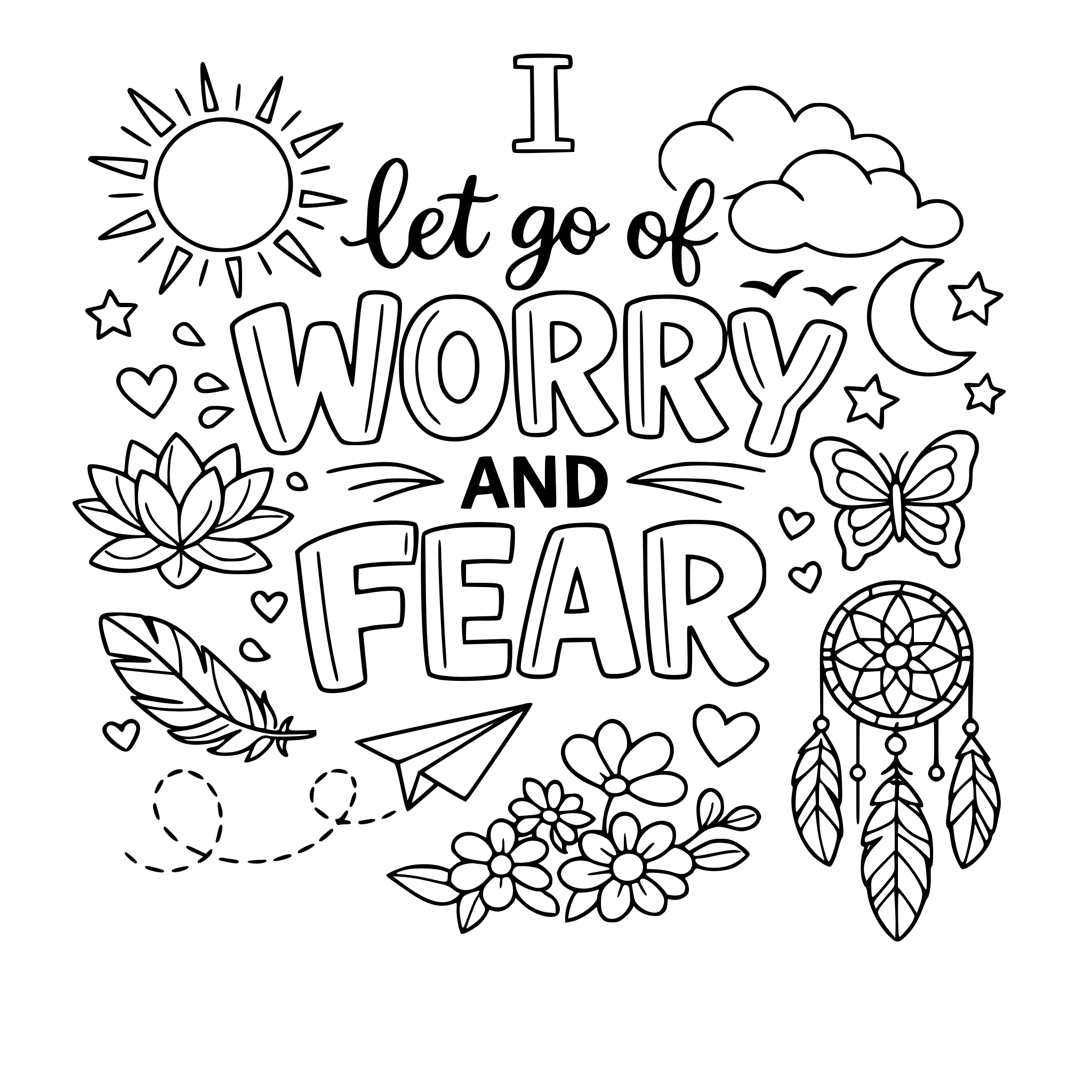 "I let go of worry and fear" coloring letters with items around the letters that work with the lettering.