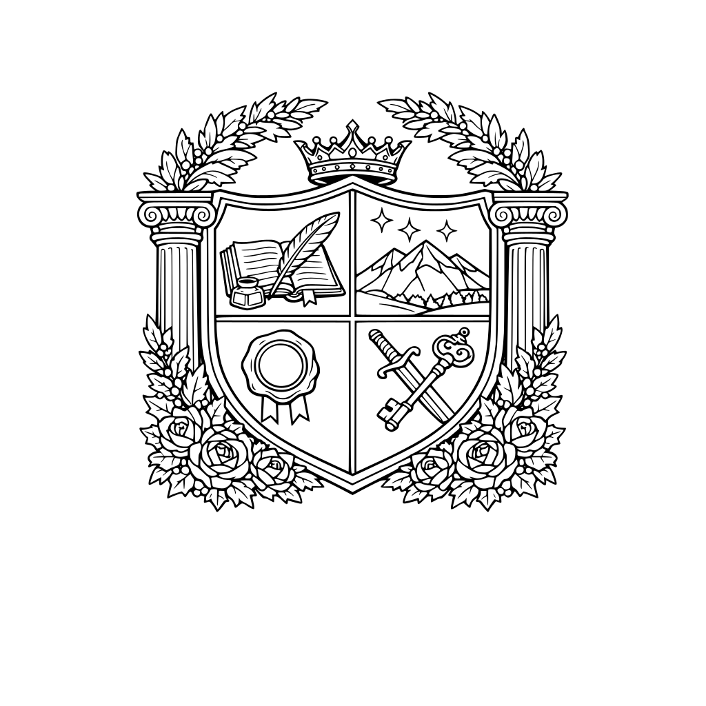 Printable black-and-white coloring page with thick clean outlines: an ornate Regency crest split into 4 large sections. Include frosted laurel, pillars, shield for boundaries, wax seal, ledger + quill, winter roses in corners. No shading, no gray, no text.