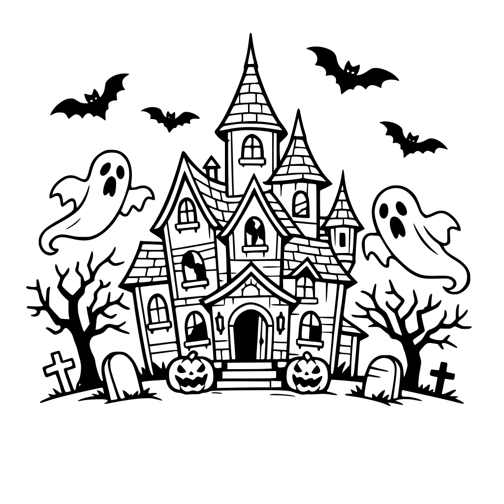 A creepy haunted house with bats and hints of ghosts