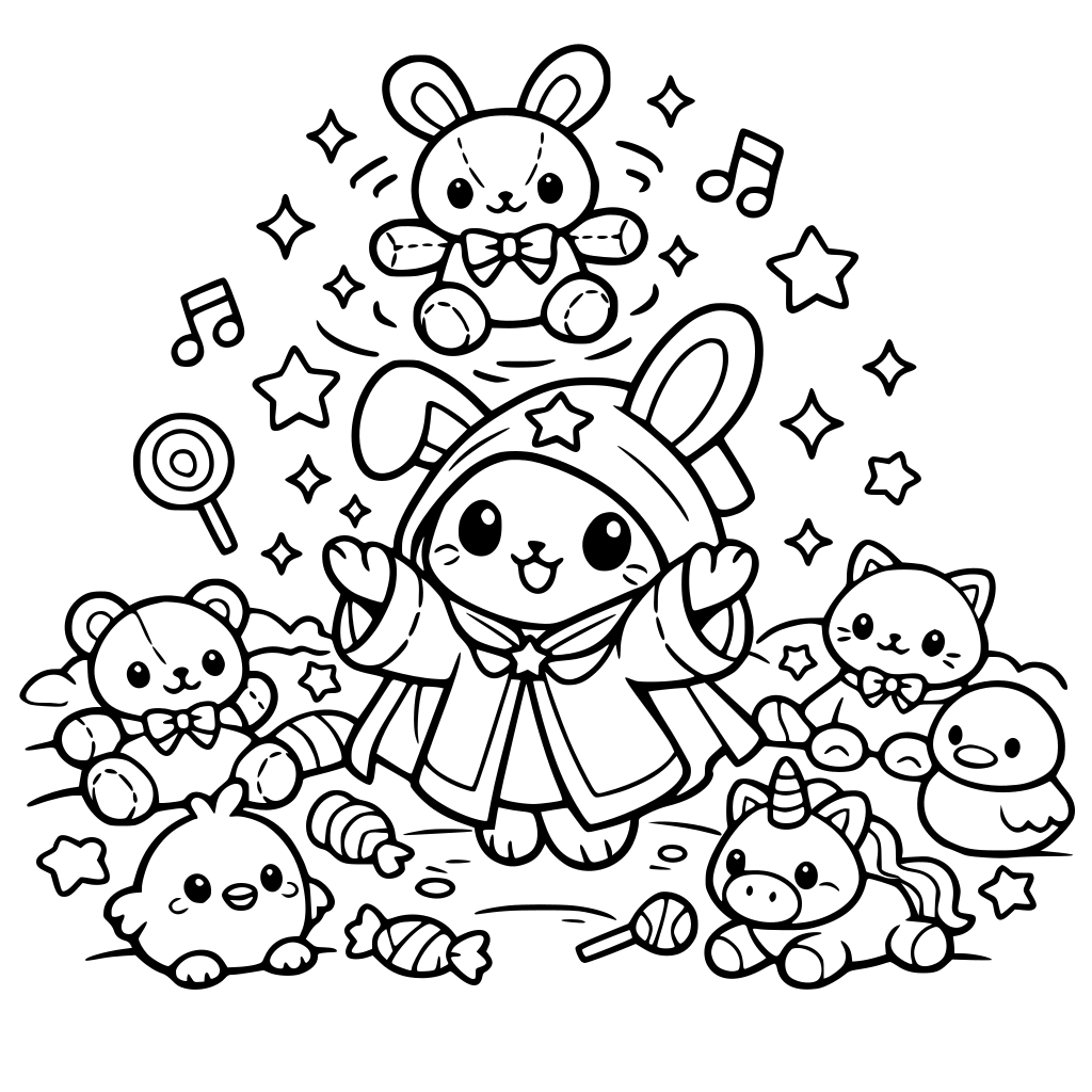 cartoon and kawaii-style bunny in a magic robe levitating toy bunny plush on toy land — plushies everywhere, sparkles, candy and music note around