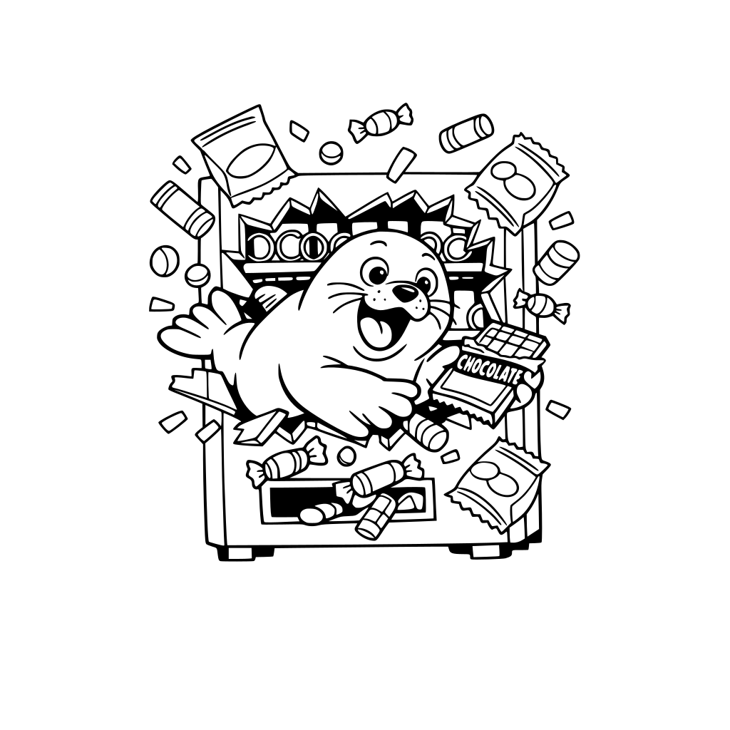 Seal stuck inside a vending machine. Trying to eat a chocolate. The machine is burst open hes grabbing for the chocolate. sweets and chips are flying everywhere. very simple. big shapes.