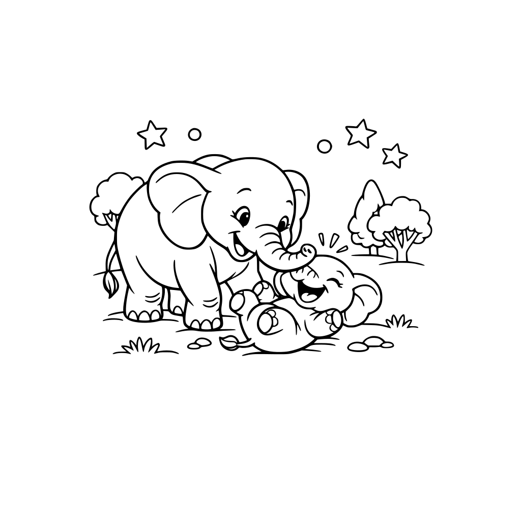 a image of mother elephant playing with baby elephant laughing and minimum forest behind only outline in cartoon form