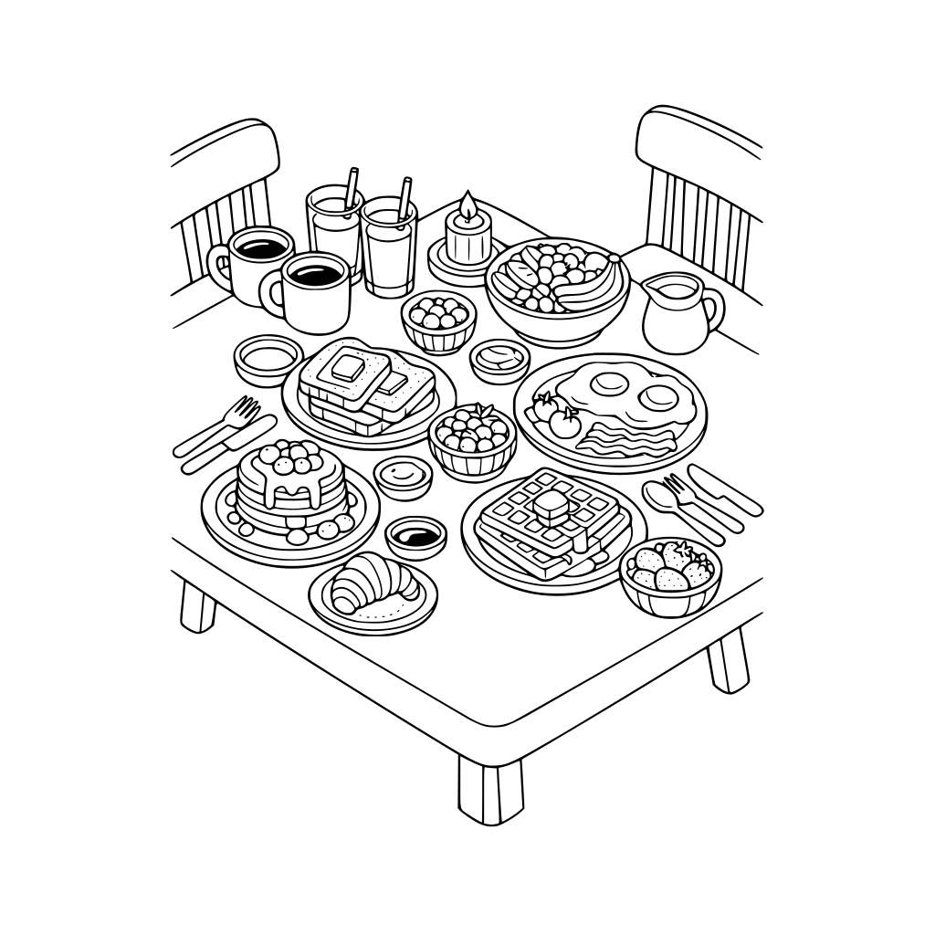 hygge style, cute, cozy, 3d isometric, corner angle, delicious breakfast spread for two on table, eggs, toast, coffee, juice, fruits, pancakes, waffles