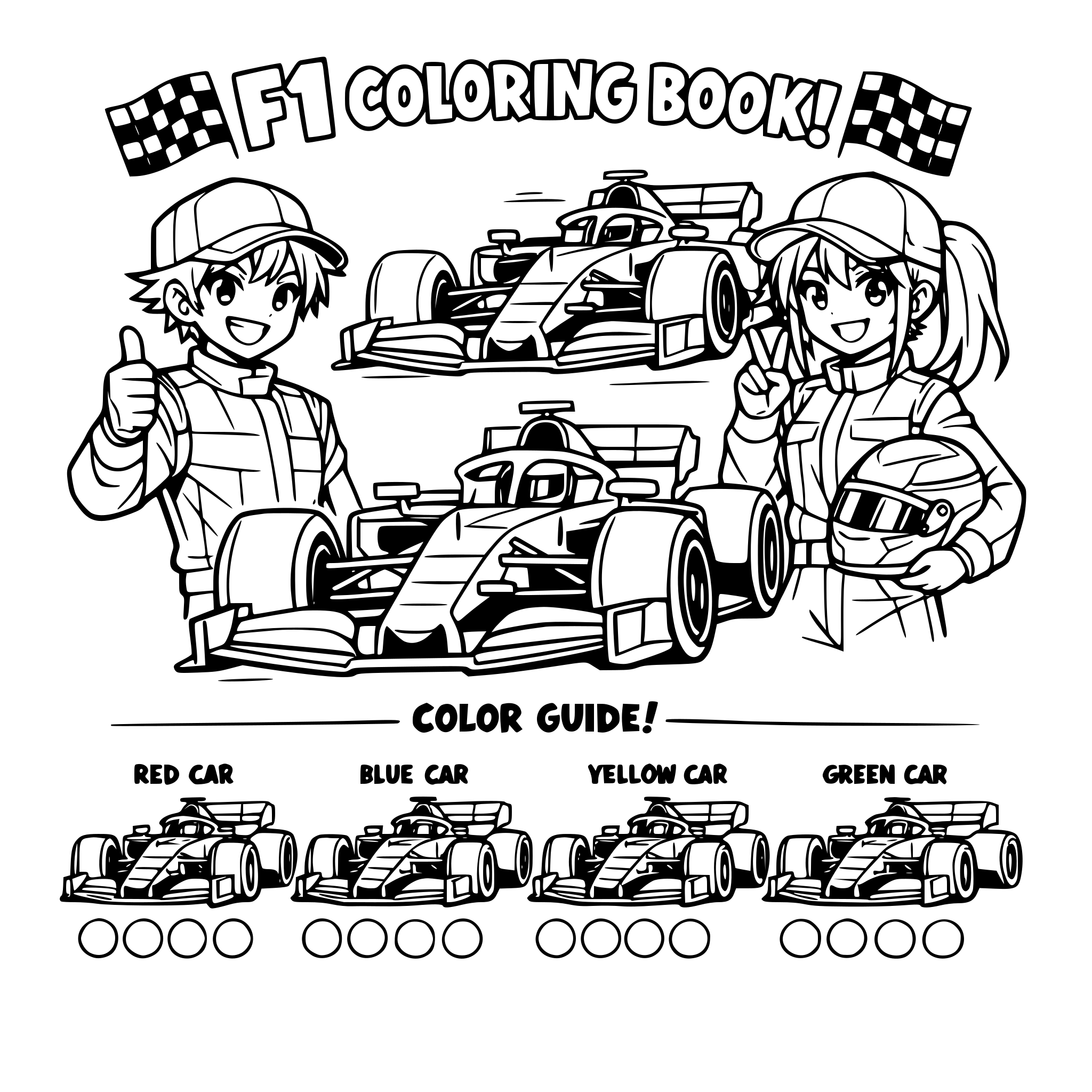 An F1 coloring books, made characters as an animeor comic and cars make sure add some to follow colors on the next page for kids to follow