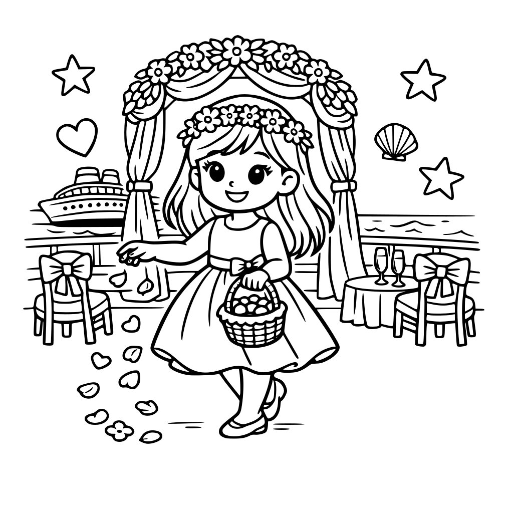 i want to make a coloring book for a flower girl in a wedding on a cruise ship