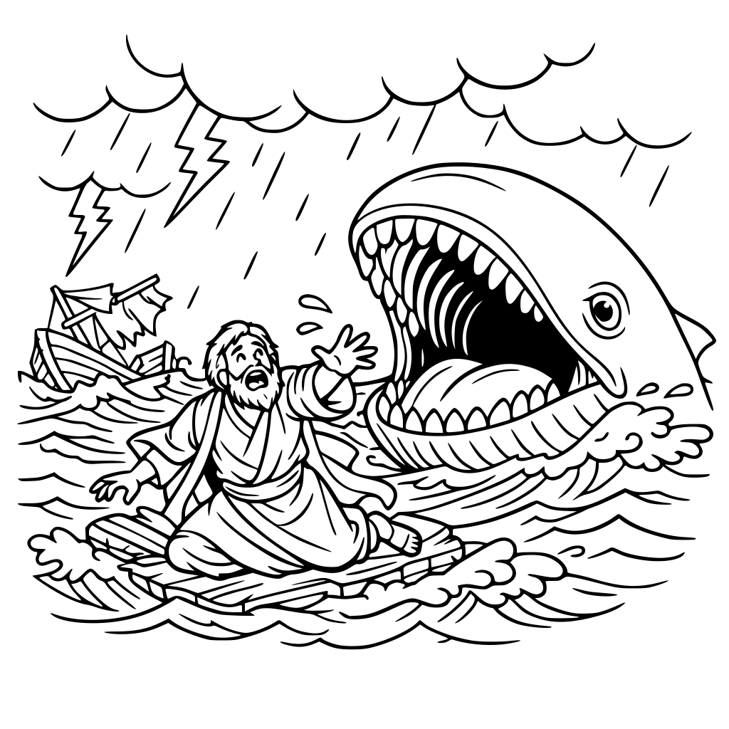 genera una imagen inspirada en la historia de Jonas, donde está apunto de ser devorado por una ballena, en el mar en medio de una tormenta