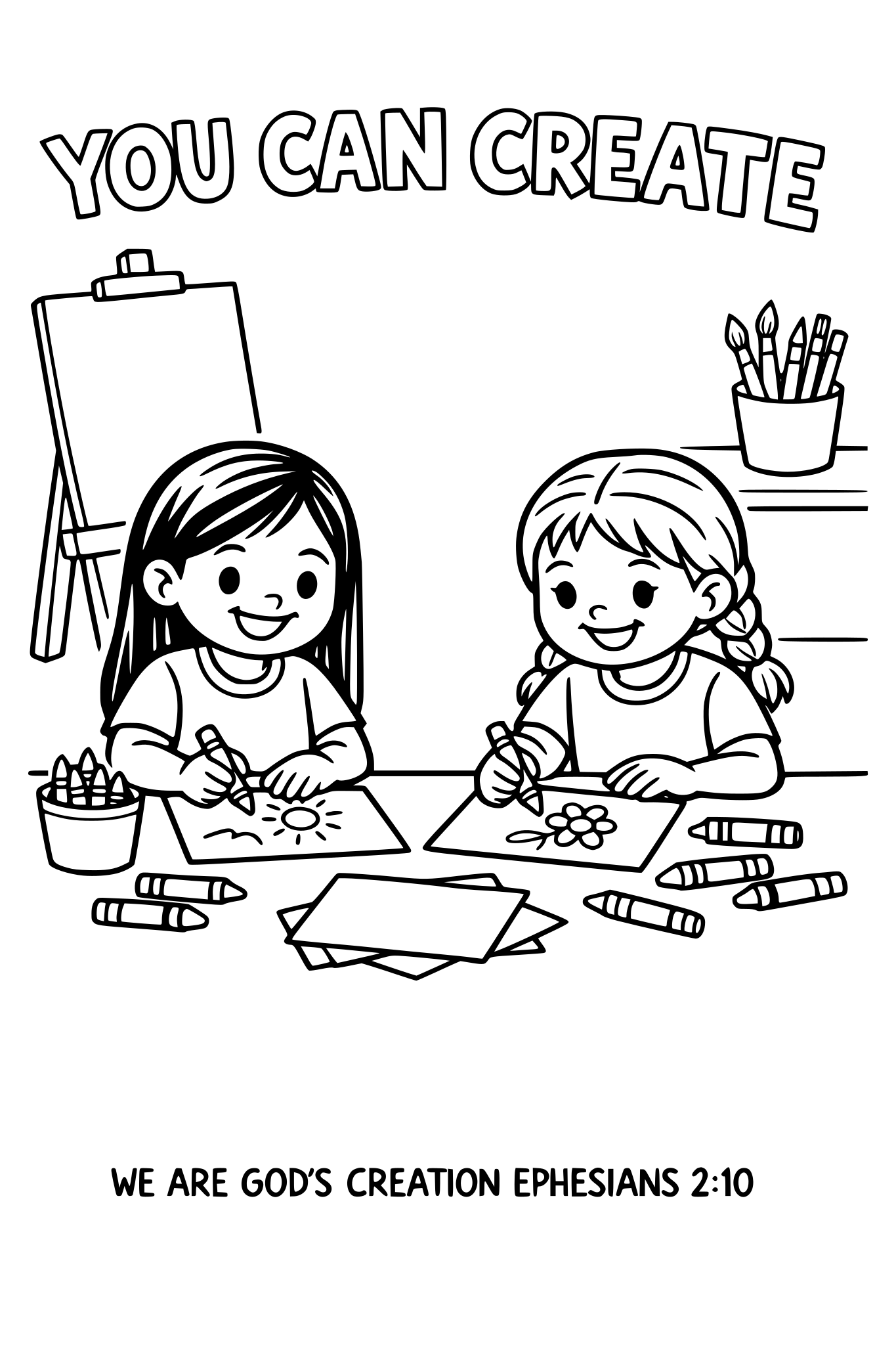 Black and white coloring page, simple kids line art, 2 child