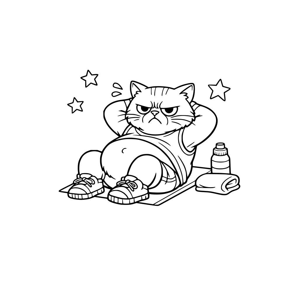 A grumpy cat doing sit-ups with a belly.