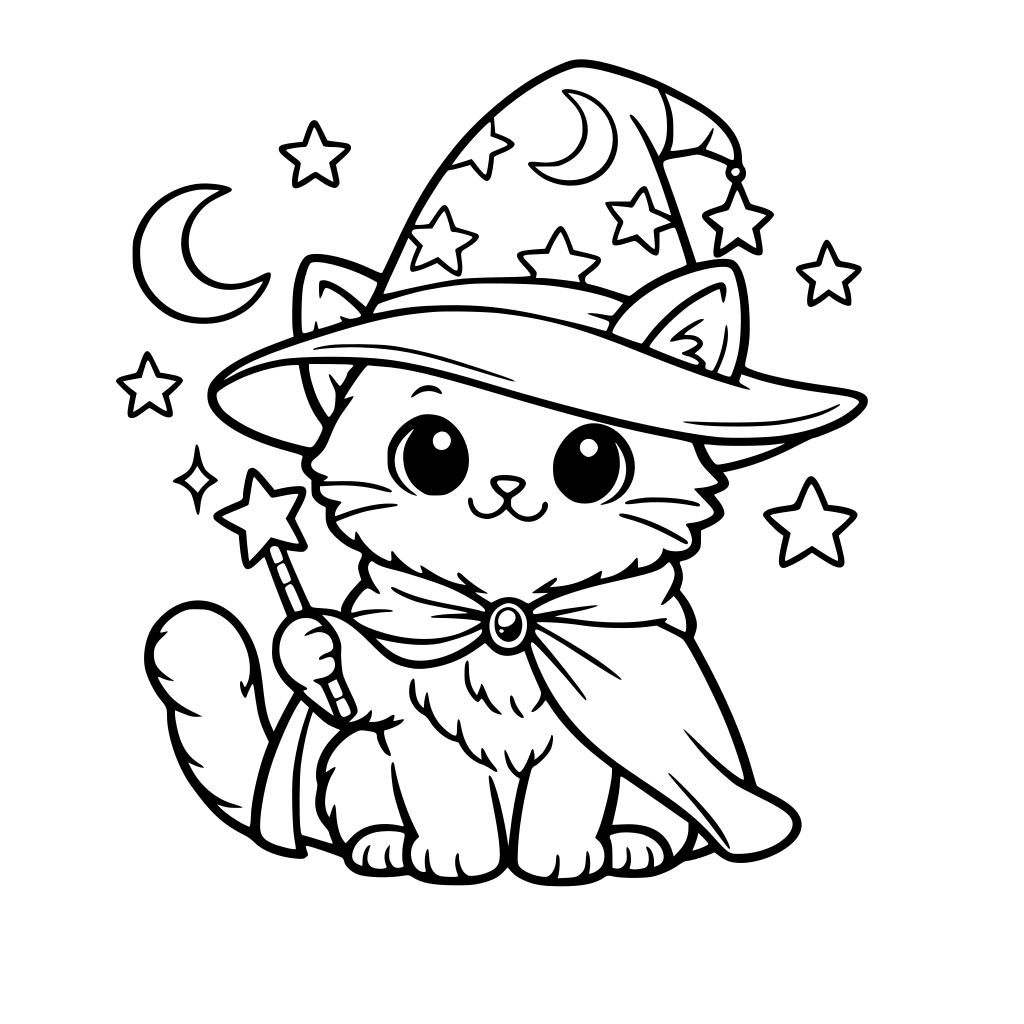 Um gato fofo com um chapéu de mago