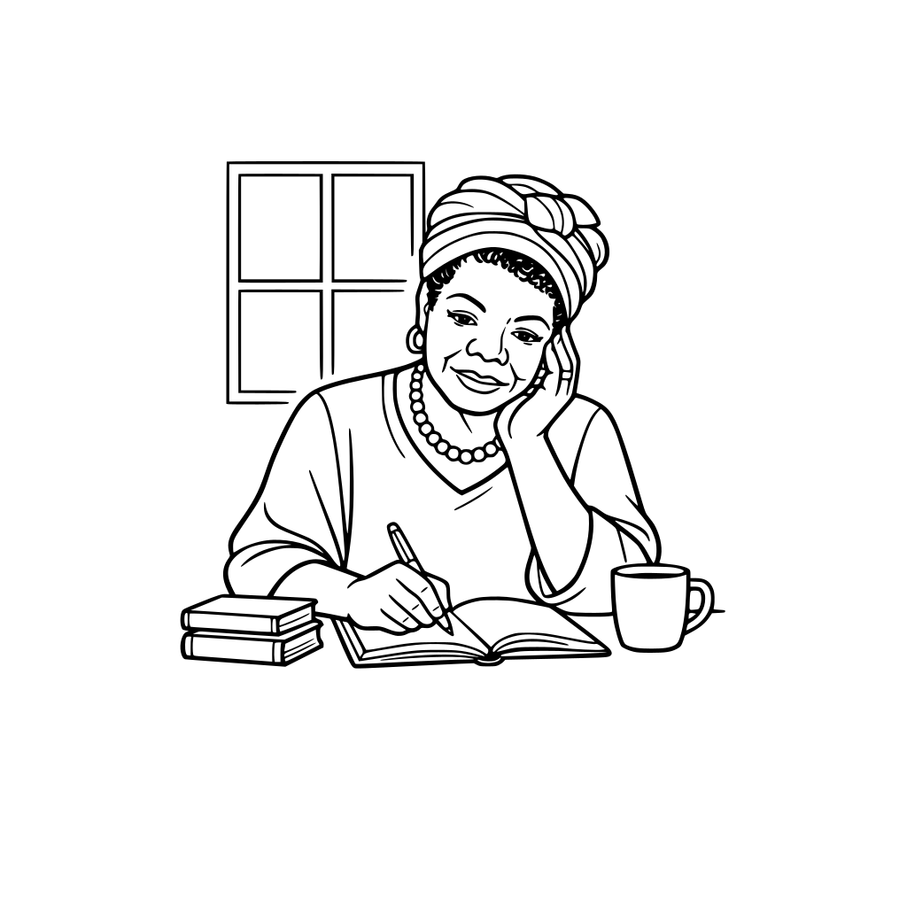 Maya Angelou sitting at a desk writing in a notebook, thoughtful expression, simple window outline in background.