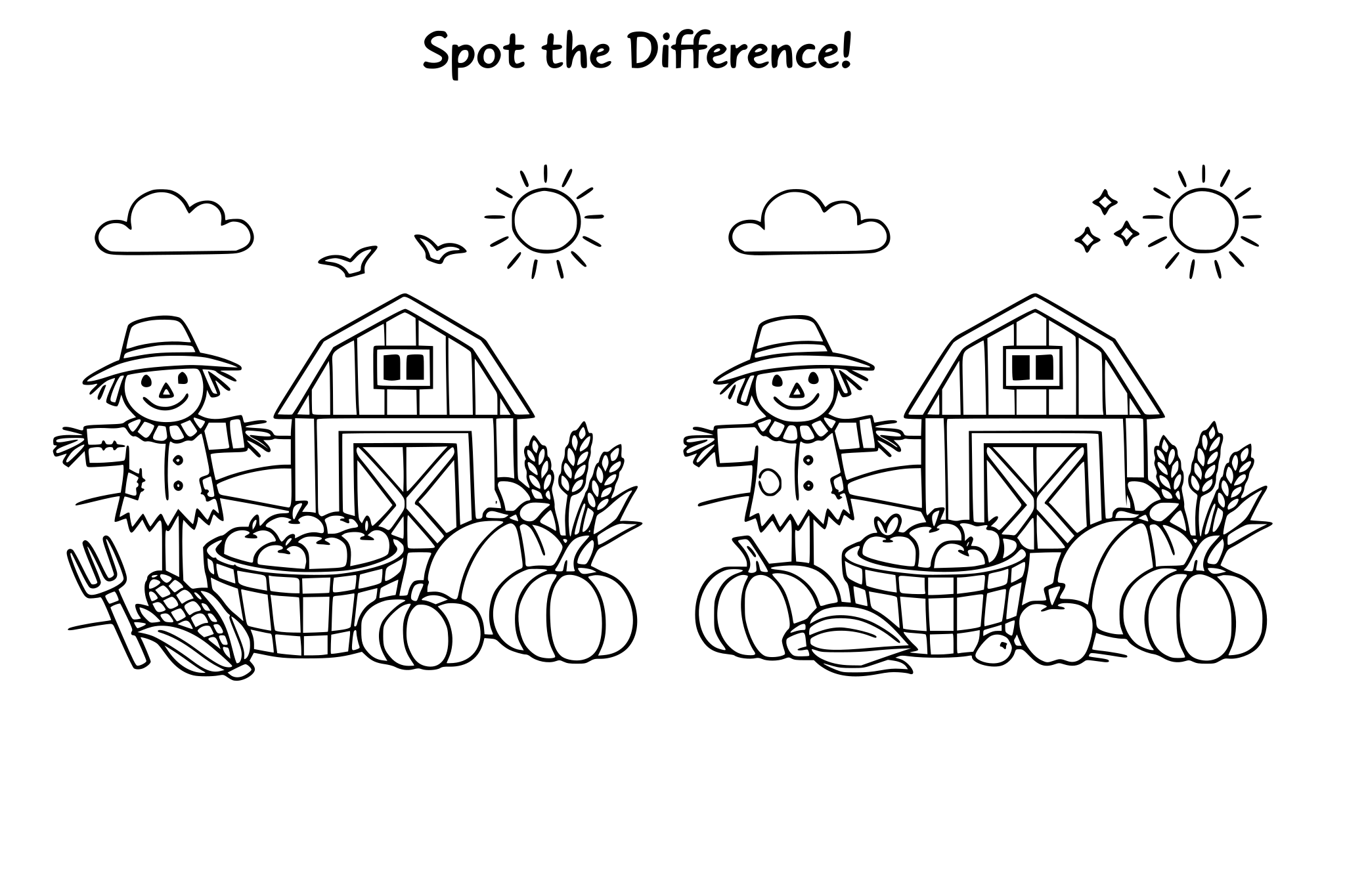 Spot-the-difference harvest scene, minimalistic line.