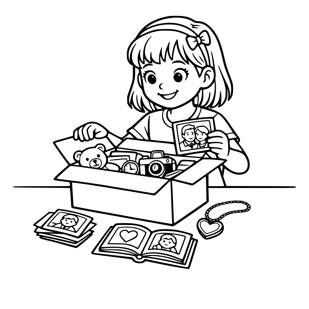 niña en el comedor abriendo una caja de carton llena de recuerdos familiares