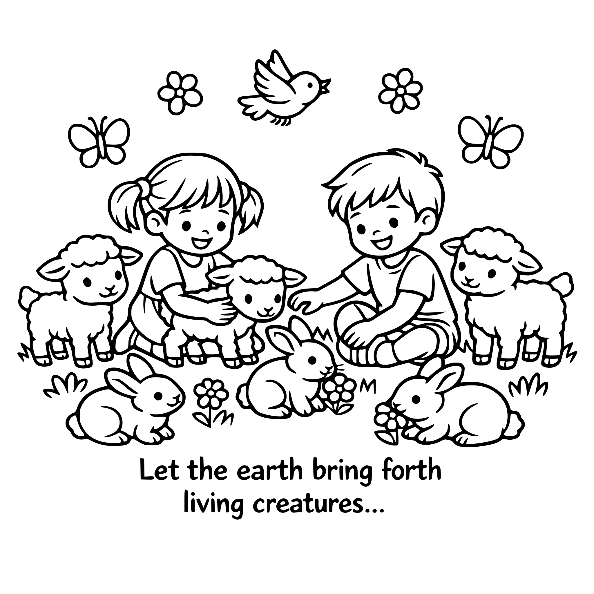 Cute bunnies, lambs, kids playing in meadow. Verse: "Let the earth bring forth living creatures...