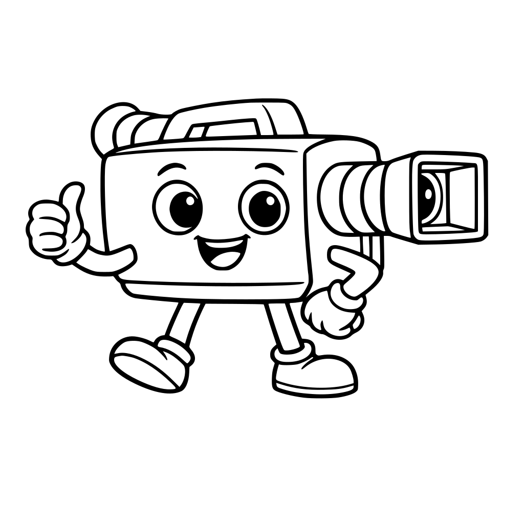 creame una foto de una cámara de video con ojos, boca, piernas y brazos. Que esa fioto sea dibujada en digital, que sea simplem, que solo sea el trazo negro y que sea minimalista