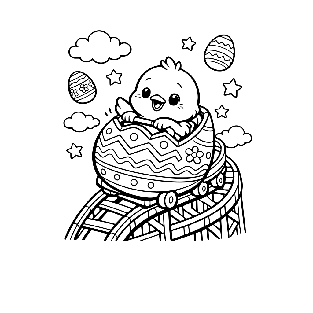 Chick riding a roller coaster shaped like a giant Easter egg, cute