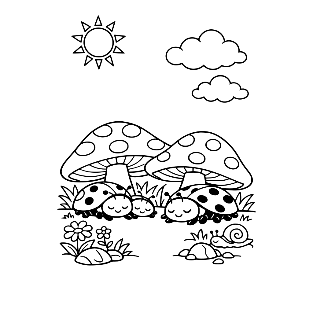 In the summer, cute ladybugs hibernate under shades in a beautiful forest. There is the sun and there are clouds.