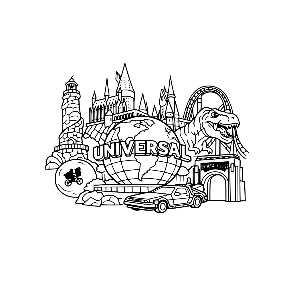 make drawing for a universal studios orlando family trip, don't need to put the family on the image, only the landmarks
