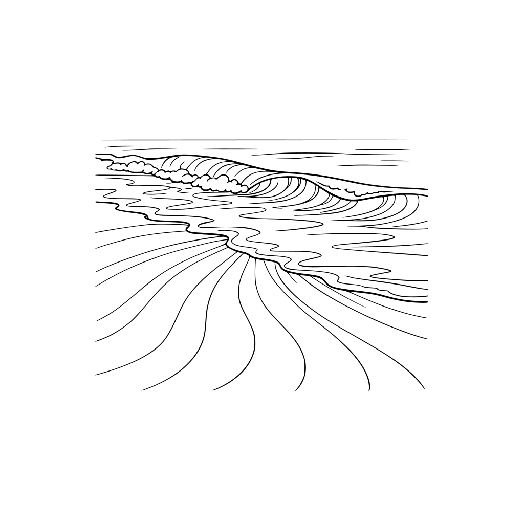 ミニマリスト線画。穏やかな波が砂浜から引いていき、滑らかで綺麗な表面を残していく。シンプルな流線、白黒、塗り絵スタイル