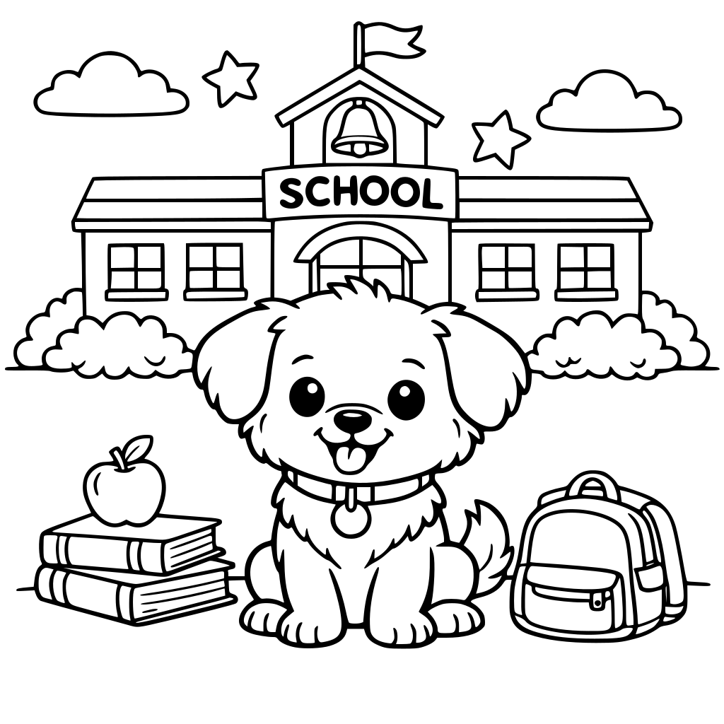 a cute dog in front of a school