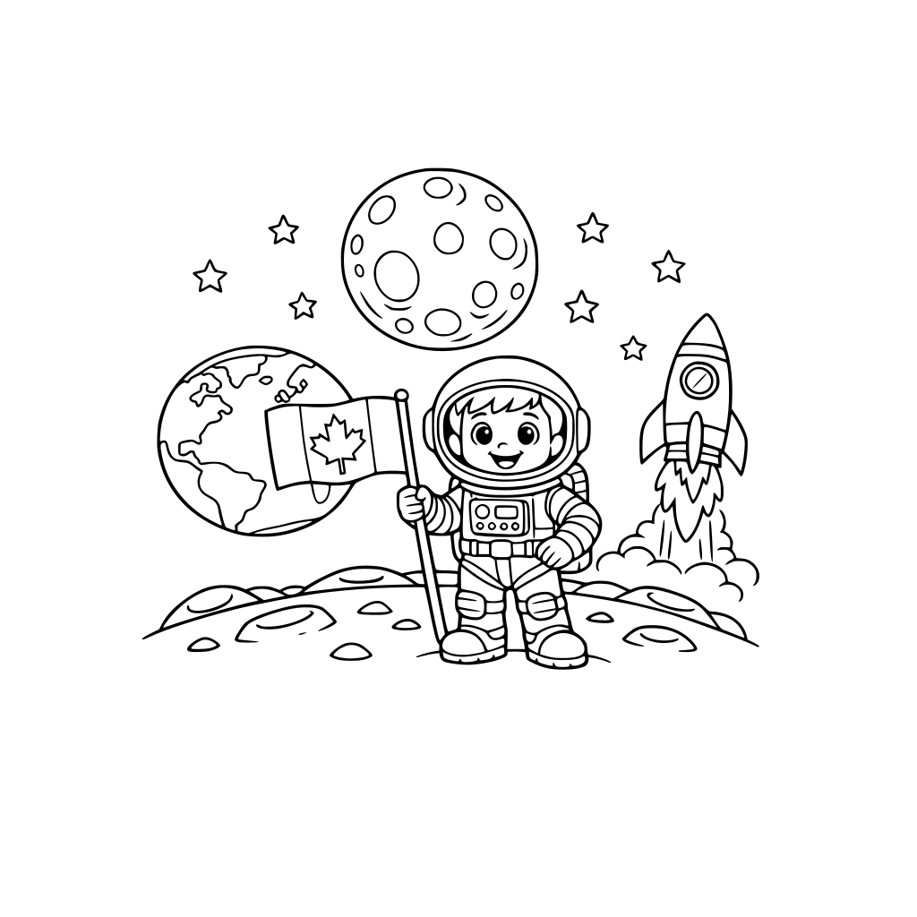 cover page colorful with moon , a boy in space suit holding canada flag ,earth in back ground and rocket