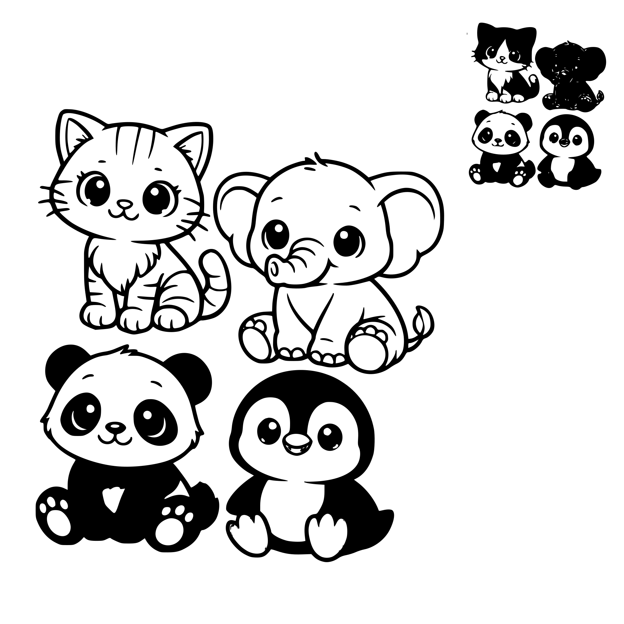 create a colouring book with outlines of cute baby animals and a small coloured image within on top right corner for refrence