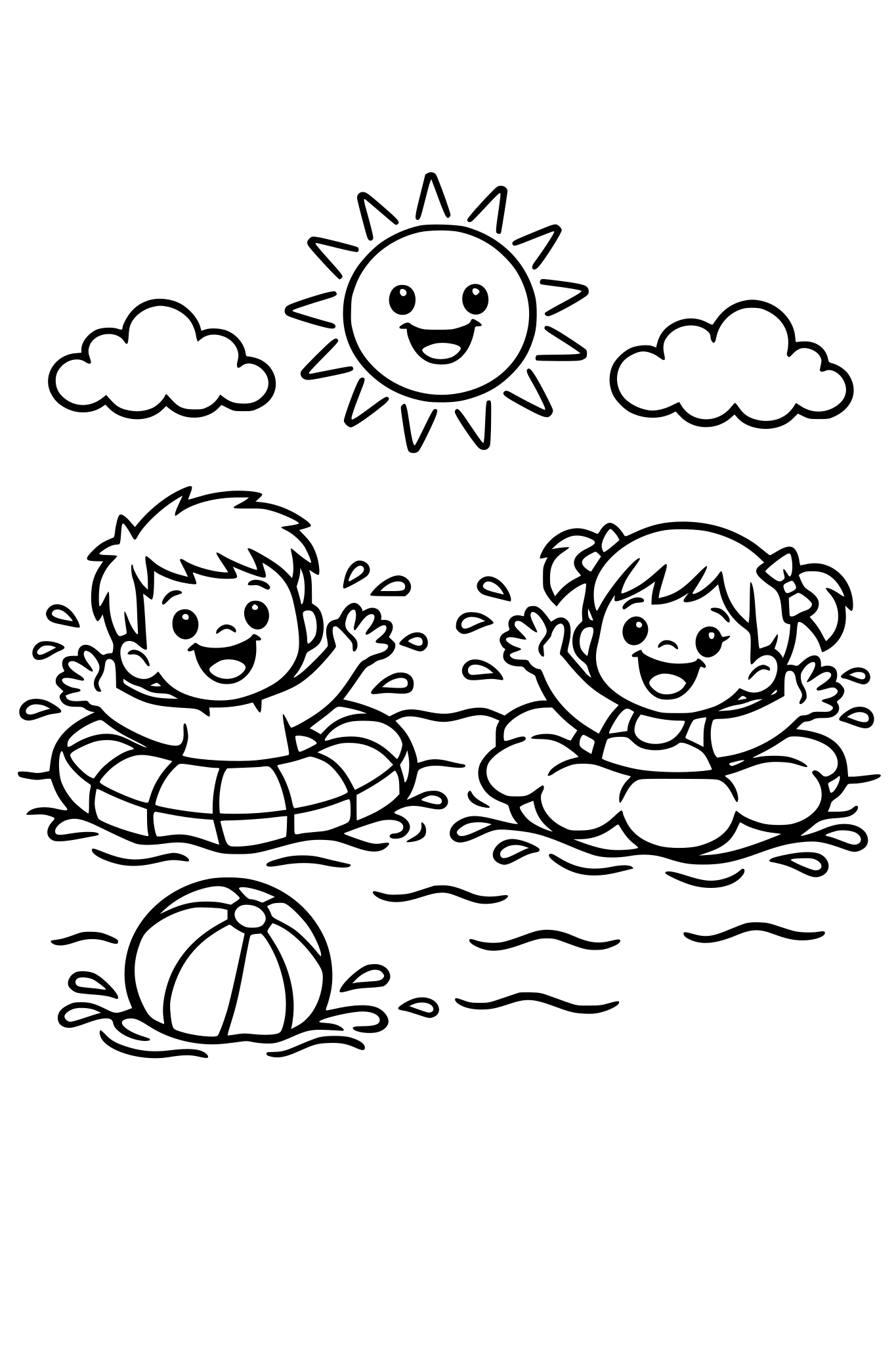 cute kids coloring page, happy boy and girl swimming in the water wearing float rings, splashing water, beach ball floating nearby, smiling sun and clouds above, simple shapes, thick outlines, kids coloring book style