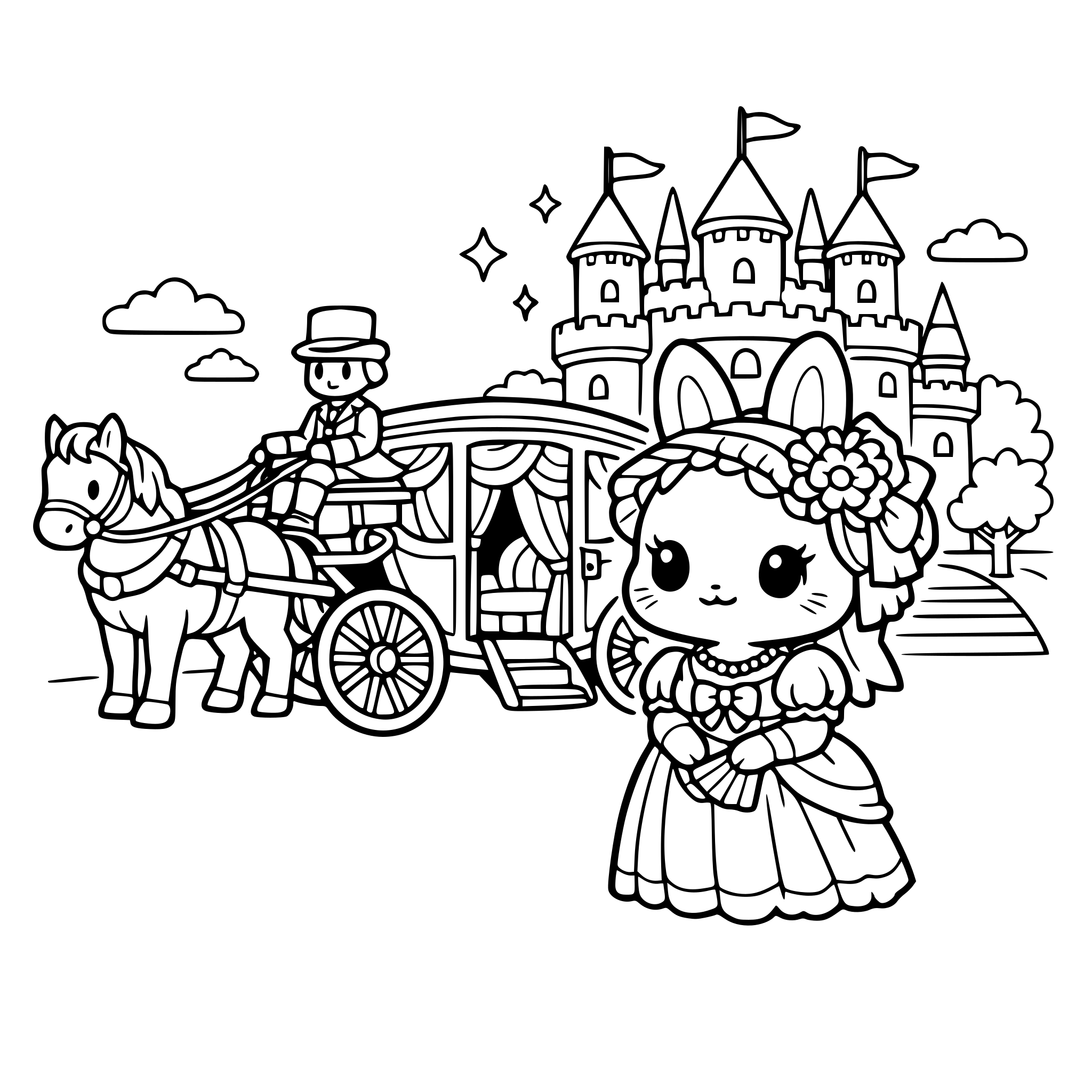 rabbit debutante arriving to a castle by carriage (chibi-style); inspired by regency era
