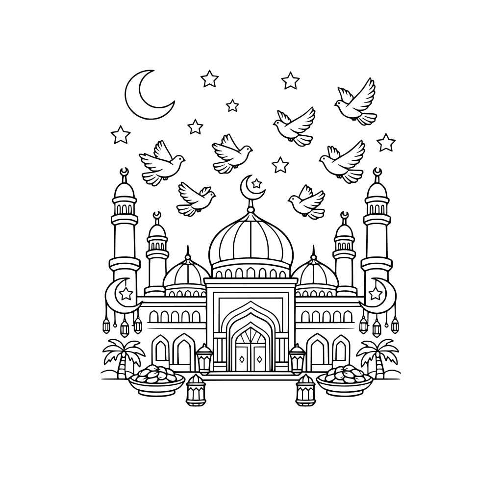 Masjid yang besar dan indah dengan nuansa Ramadhan disertai burung-burung yang sedang terbang di atasnya