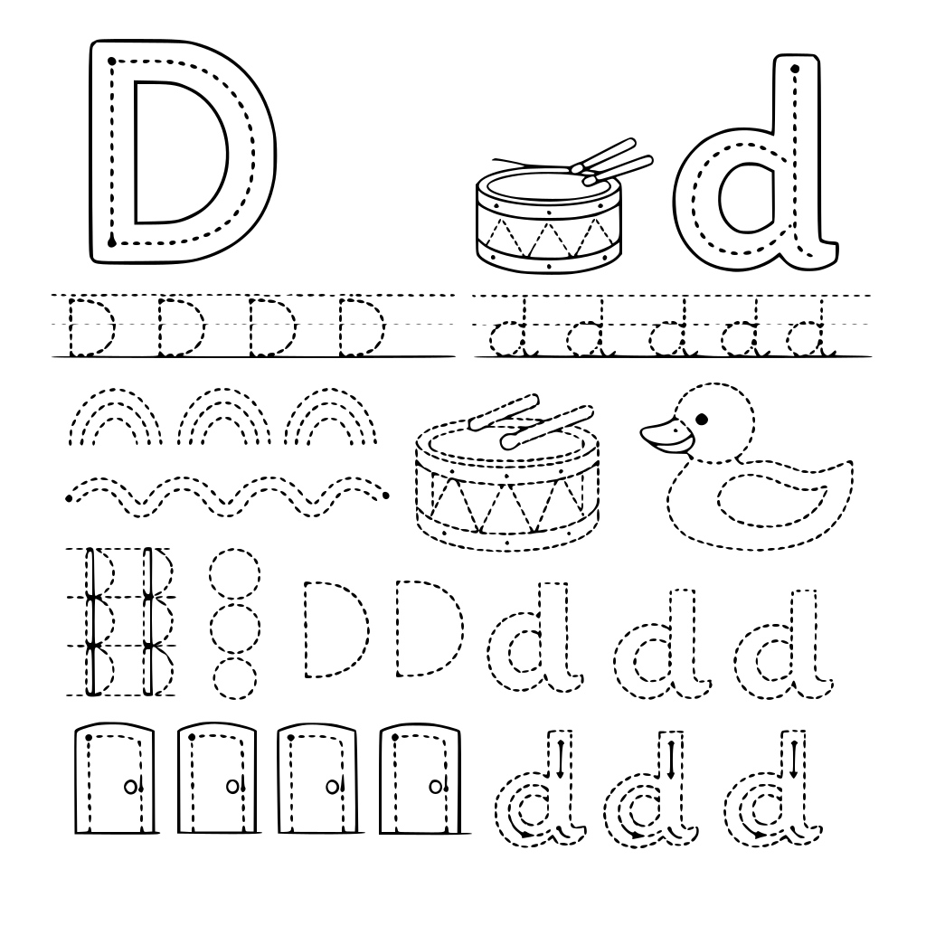 zró całą listę ćwiczeń do litery D duże i d małe różne ślaczki wykropkowane dzięki którym nauczymu pisać się literkę D i d