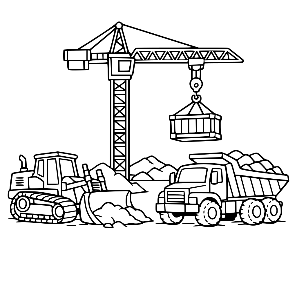 a bulldozer, crane, and dump truck working on a construction site.