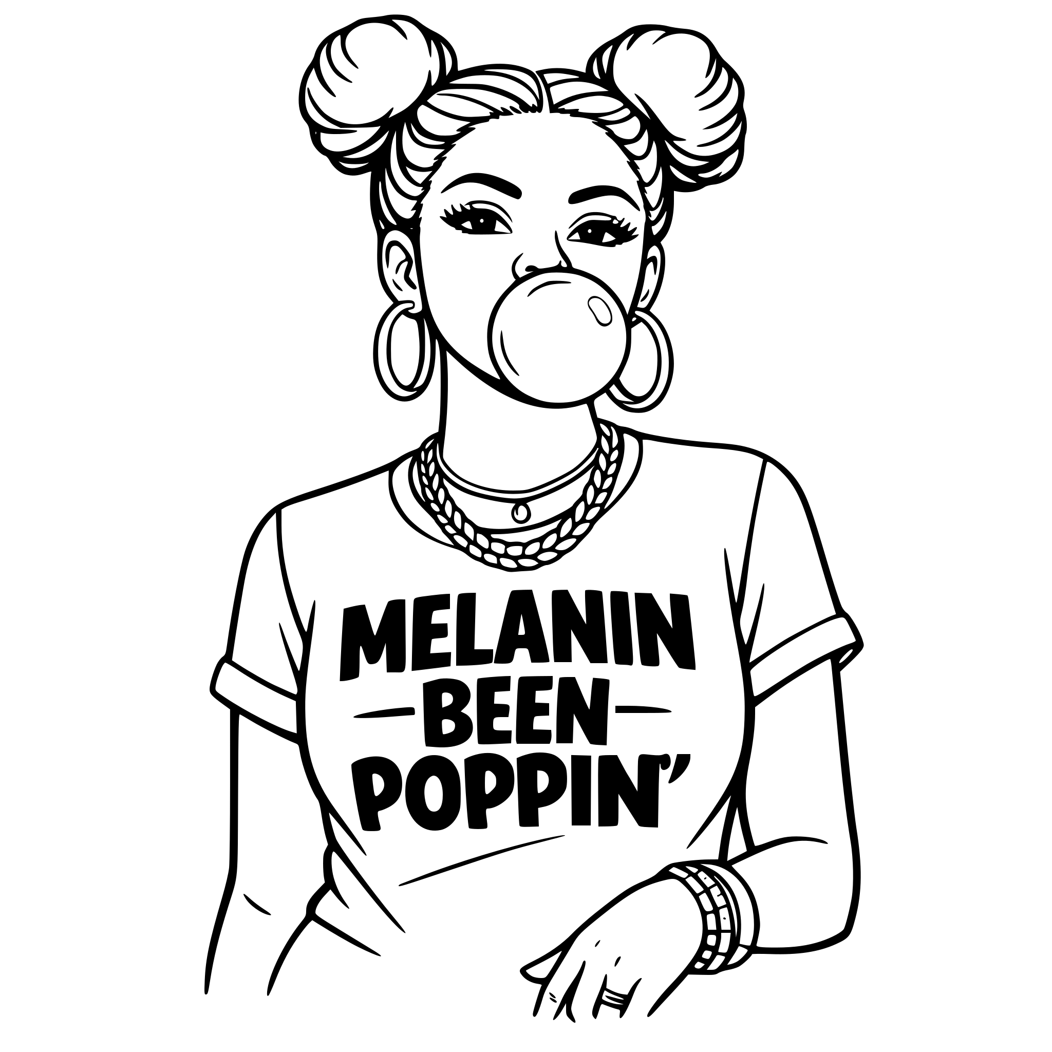Black woman with two buns in her hair blowing bubble gum wearing a gold jewelry and a shirt that says Melanin Been Poppin'