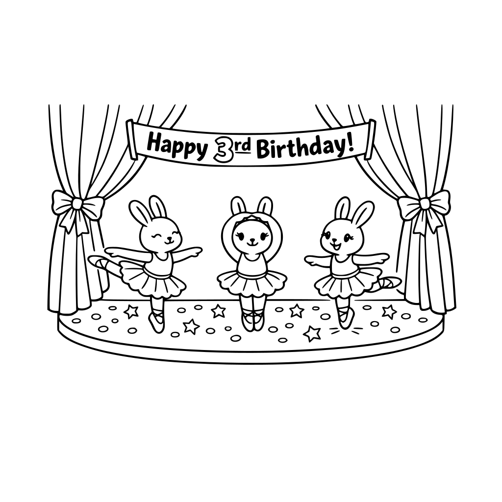 a mini stage framed by big theater curtains tied back with bows. Center stage: 3 bunny girls in tutus doing simple ballet poses (arabesque, arms in oval, tiny hop). Above them a ‘Happy 3rd Birthday’ banner. Floor has scattered confetti dots and stars.
