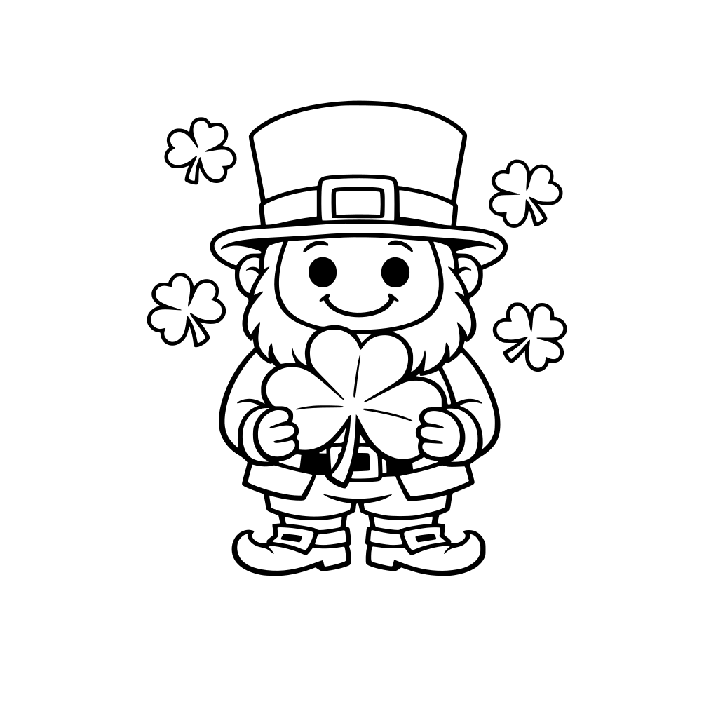 large smiling leprechaun. big hat with buckle. holding a large shamrock . Simple round eyes. No tiny facial details. 3-5 floating shamrocks around.
