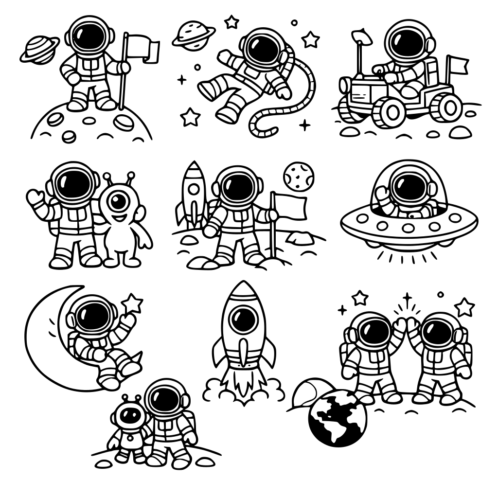 Crie 10 desenhos com o tema astronauta
