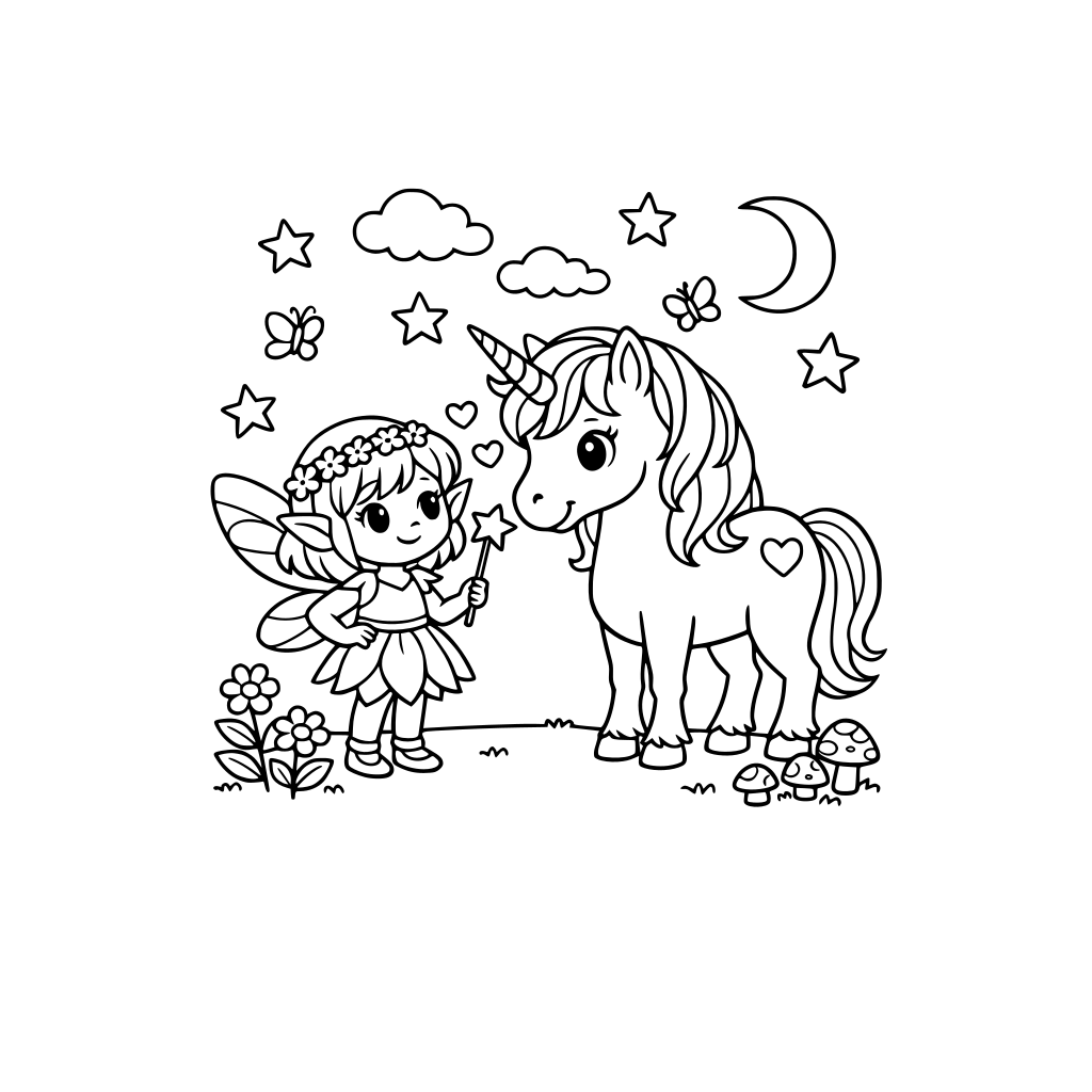 A unicorn and fairy colouring book with a little fairy called Elsie