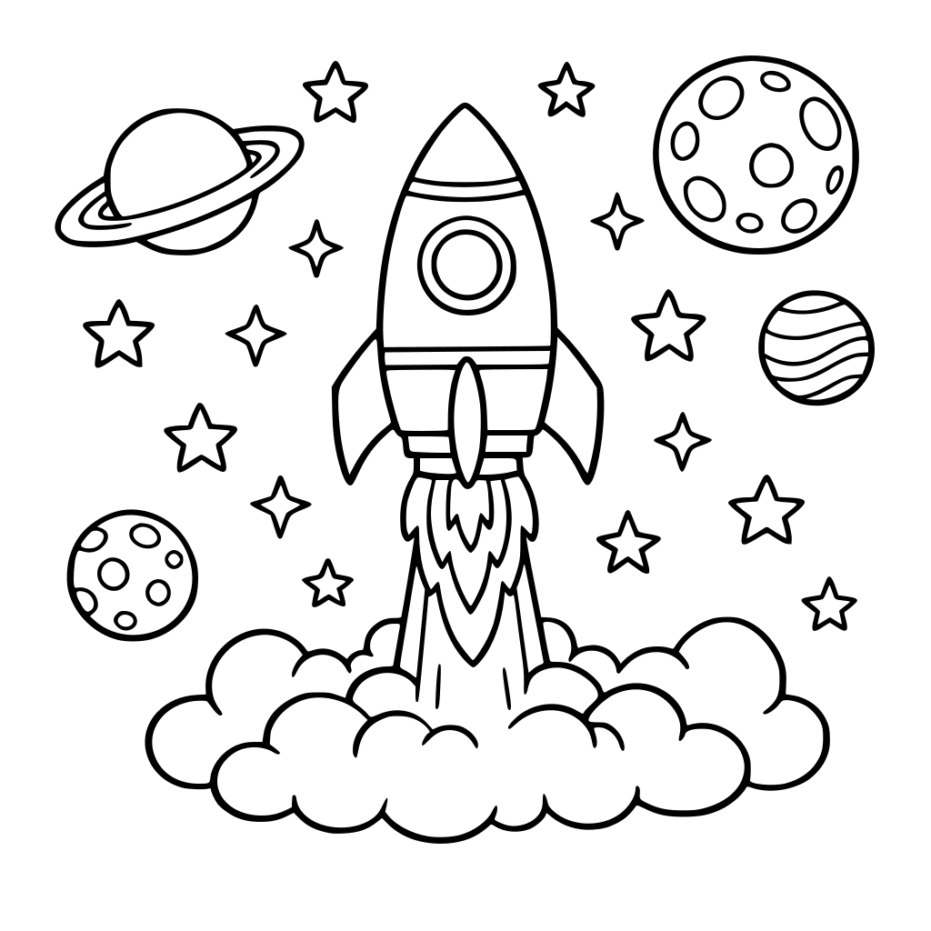 rocket blasting off with stars, planets, and a moon.”